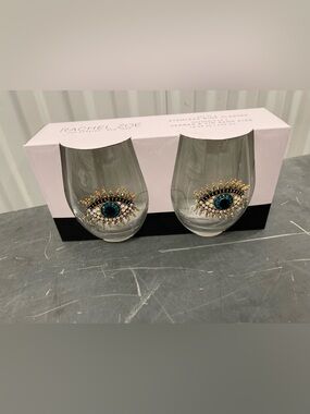 Rachel Zoe stemless wine glasses set of (2) - beaded evil eye design - GORGEOUS!